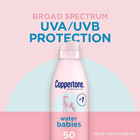 Protetor Solar para Bebês, Kit com Protetor Solar Coppertone WaterBabies FPS 50 Spray, Lata de 177 ml, Protetor Solar Coppertone Pure and Simple Stick para Bebês, Protetor Solar Mineral FPS 50, Sem Lágrimas - Coppertone