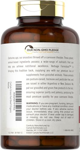 Complexo de Órgãos de Carne Bovina Alimentada com Capim | 200 Cápsulas | Suplemento Livre de Grãos, com Fígado, Rim, Pâncreas, Coração, Baço Desidratados | Não-OGM, Sem Glúten | por Carlyle - Carlyle