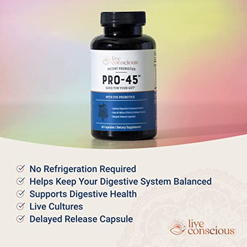 PRO45: Fórmula Probiótica, 45 Bilhões UFC, 11 Cepas Abrangentes. Sem Lactose. Cápsulas Vegetais de Liberação Retardada. Promove Saúde Imunológica e Digestiva. 60 Cápsulas - Live Conscious