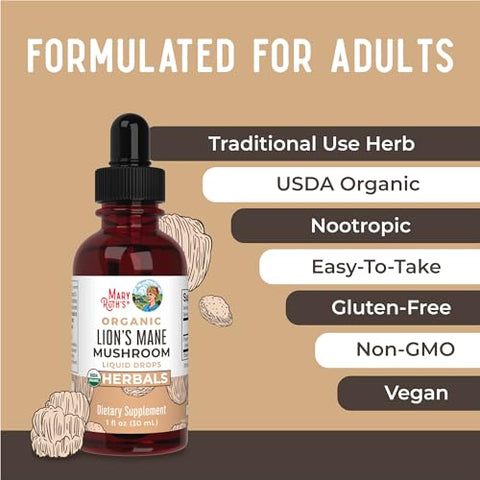 MaryRuth Organics - Suplemento de Cogumelo do Leão | Até 2 Meses de Fornecimento | Extrato de Cogumelo do Leão Orgânico Certificado USDA | Gotas Líquidas Herbais Nervinas | Saúde Cerebral | Não-OGM, Vegano, Livre de Álcool