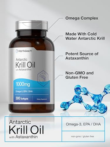 Óleo de Krill Antártico Horbäach 1000mg Cápsulas | 300 Unidades | Suplemento Ômega 3 com Astaxantina, EPA, DHA | Livre de Transgênicos, Sem Glúten