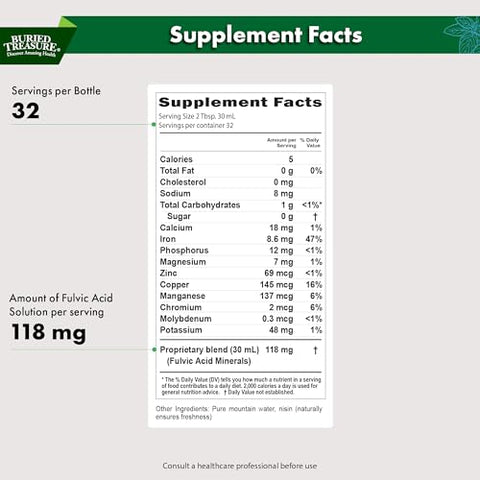 FULVIC MINERALS Pure 70 Trace Minerals 33 oz (975 ml) – Benefícios Líquidos para a Saúde - Buried Treasure