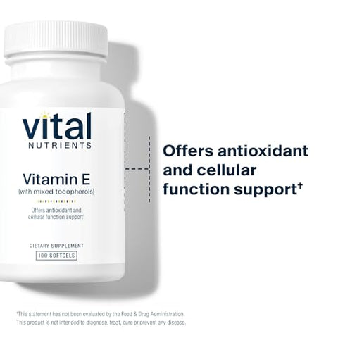 Vitamina E com Tocoferóis Mistos | Suplementos Potentes de Vitamina E Antioxidante para Apoiar a Saúde Cardiovascular* | Livre de Glúten e Lactose | Não-OGM | 100 Softgels - Vital Nutrients