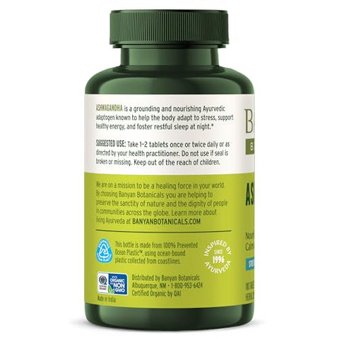 Ashwagandha Tablets – Raiz de Ashwagandha Orgânica – Adaptógeno Herbal Renomado para Suporte Natural de Energia e Estresse – 180 Comprimidos – Não-OGM Sustentável - Banyan Botanicals