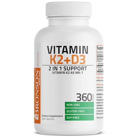 Vitamina K2 (MK7) com D3 – Fórmula Não-OGM 5000 UI de Vitamina D3 - Bronson