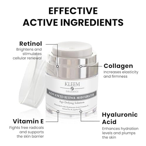 Retinol Moisturizer – 2.5% Retinol e Ácido Hialurônico para Rejuvenescimento Facial e Anti-Envelhecimento – Para Mulheres e Homens | 50g - Kleem Organics
