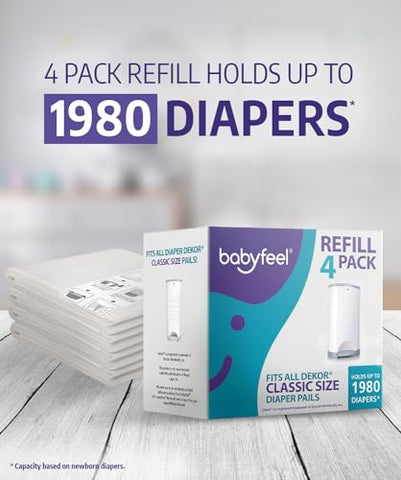 Babyfeel - Refis Compatíveis com DEKOR CLASSIC Diaper Pails | 4 Pacotes | Espessura Extra Exclusiva de 30%% | Refis para Lixeiras de Fraldas com Poderosa Eliminação de Odores | Fragrância em Pó | Capacidade de até