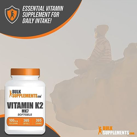 com Softgels de Vitamina K2 – Vitamina K2 MK7, Suplemento de Vitamina K2, Vitamina K2 MK7 para os Ossos – Livre de Glúten, 100 mcg de Vitamina K2, 1 Softgel por Porção, 365 Unidades - BulkSupplements