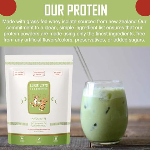 Lunar Lifts Nutrition - Matcha Latte – Pó de Proteína de Chá Matcha com Bolhas | 26g de Proteína Isolada de Soro de Leite em Pó Matcha | Pó de Chá Matcha Grau Cerimonial para Bubble Tea | Sem Açúcar Adicionado