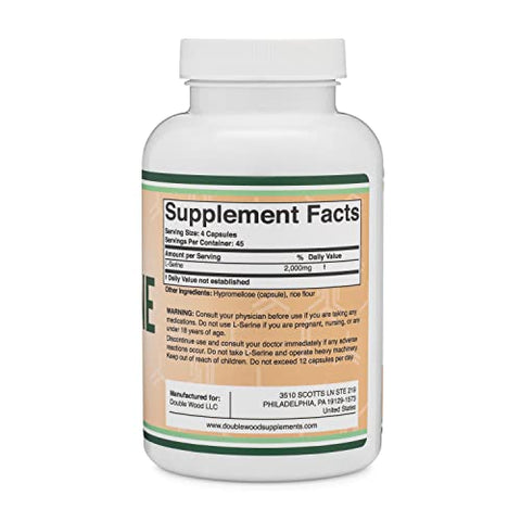 Double Wood Supplements - Cápsulas de L-Serina (Testadas por Terceiros) – 2.000mg por Porção Usadas em Estudo Clínico, 180 Unidades, 500mg por Cápsula (Aminoácido L-Serina para Produção de Serotonina e Suporte Cerebral)