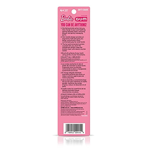Escova de Dentes Elétrica GUM Barbie Kids com Base de Sucção para Saúde Oral e Remoção de Placa Dental, Idade 3+, 1 unidade (4 pacotes)