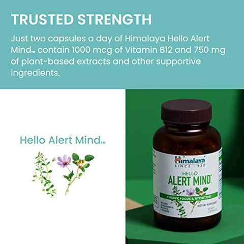 Hello Alert Mind com Ashwagandha, Bacopa, L-Theanine, Vitamina B6 – Fórmula Energizante para Mente – 60 cápsulas - Himalaya