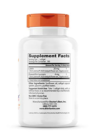 Doctor's BEST - Doctor’s Best Lutein com Lutemax, Livre de Transgênicos, Sem Glúten, Sem Soja, Saúde Ocular, 20 mg, 180 Softgels