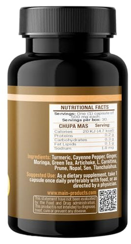Lenico Comercializadora - ChupaMas: Cápsulas de Gengibre, Chá Verde, Ameixa, Alcachofra, Cúrcuma. 500 mg Cada