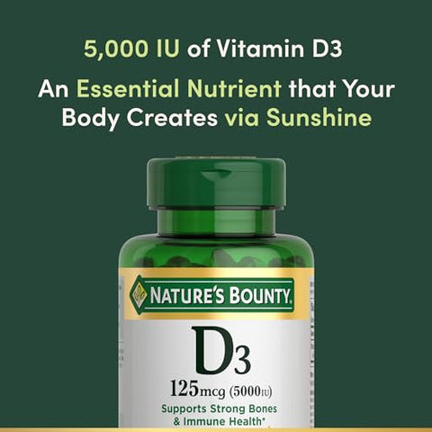 Nature's Bounty - Nature’s Bounty Vitamina D3, Suporte Imunológico, 125 mcg (5000 UI), Cápsulas Gelatinosas de Liberação Rápida, 240 Unidades