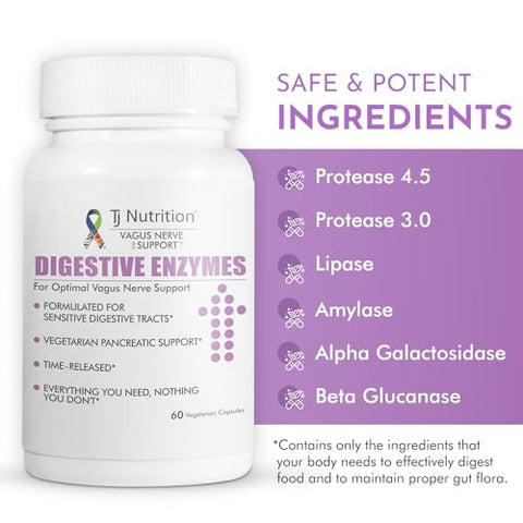 TJ Nutrition - Enzimas Digestivas para Estômagos Sensíveis – Suporte ao Nervo Vago, Suporte Pancreático Vegetariano, Fórmula de Liberação Controlada para Saúde Intestinal Ótima, Aumenta a Digestão de Alimentos