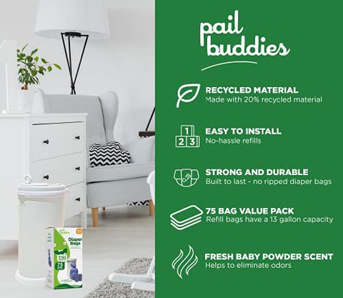 Bolsas de Fraldas Pail Buddies, 75 Unidades, Fragrância de Pó Fresco, Compatíveis com o Balde de Fraldas Ubbi, Feitas com Material Reciclado, Capacidade de 13 Litros, Fortes e Duráveis