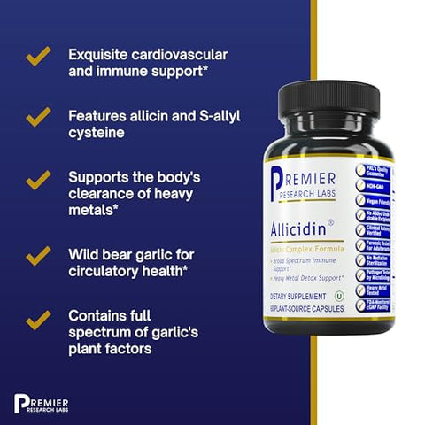 Allicidin – Suplemento de Alho Allicin, Cápsulas de Alho, Extrato de Allicin, Extrato de Alho, Cápsulas de Alho sem Odor, Suporte Imunológico – 60 cápsulas - Premier Research Labs