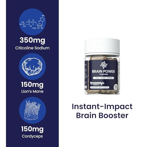 Troomy Nootropics - Troomy Brain Power – Suplemento para Foco e Memória | Citicolina, Cogumelo do Leão, Cordyceps | Melhora a Função e Memória Cerebral – 60 Cápsulas