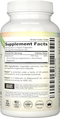 Teraputics - Magnésio L Treonato (Fórmula Original Magtein) – 2000 mg 100 Cápsulas Veganas Não-OGM Altamente Absorvente Suplemento Puro de Vitamina para Cognição – Sem Laxante
