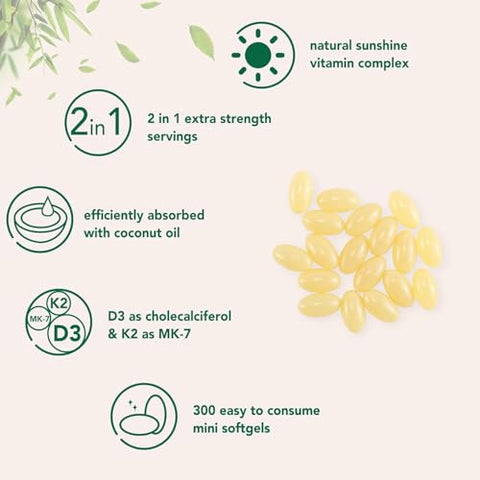 Vitamina D3 Con K2 10000 UI, 300 Softgels de Óleo de Coco Virgem | Vitaminas D 2 em 1 - VEV