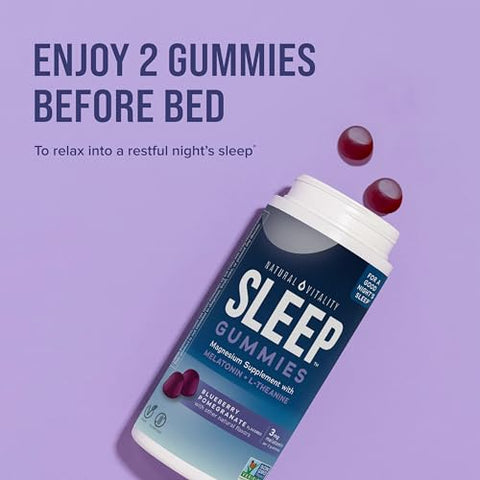 SLEEP Gummies – Suplemento de Magnésio com Melatonina e L-Teanina, Vegano, Sem Glúten, Auxilia o Corpo a Relaxar para Dormir, Sabor Mirtilo Romã, 120 Unidades - Natural Vitality