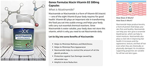 Genex Formulas - GENEX Nicotinamida 500mg (3-Pack) Cápsulas de Niacina Flush Free Vitamina B3 para Pele Saudável – Suplemento de Niacinamida Ajuda a Produzir Queratina