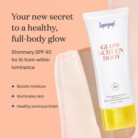 Glowscreen Body SPF 40 PA – Loção Corporal Protetor Solar de Amplo Espectro com Brilho Sutil – Proporciona Brilho Instantâneo – 100ml - Supergoop!