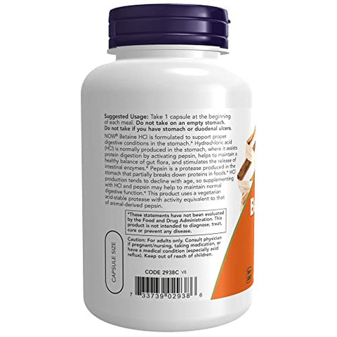 NOW Foods - NOW FOODS Betaine Hcl – 120 Cápsulas | Aumente a digestão saudável | Suporte para o estômago | 120 Cápsulas | Marca NOW FOODS
