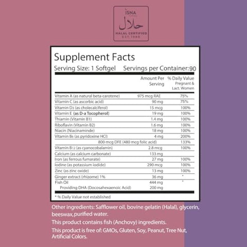 Halal Prenatal Vitamins com DHA e Ácido Fólico, Vitaminas Essenciais, Gengibre para Aliviar o Estômago da Mamãe, Ferro, Cápsulas, Vitamina Pré/Durante/Pós Gravidez - Noor Vitamins