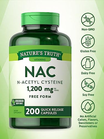 Suplemento Nature’s Truth NAC | N-Acetil Cisteína | 1.200mg | 200 Cápsulas | Aminoácido Livre | Não-OGM