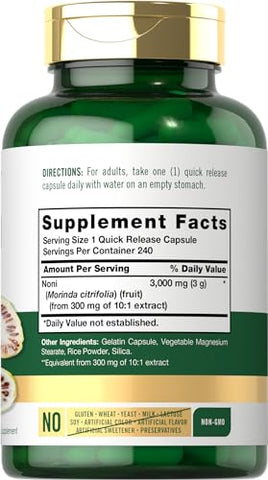 Cápsulas de Fruta Noni 3000mg | 240 Unidades | Livre de Transgênicos, Sem Glúten | Suplemento Herbáceo Tradicional - Carlyle