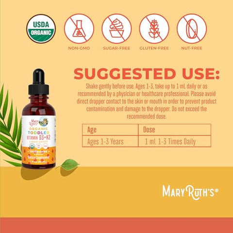 MaryRuth Organics - Vitaminas D3 e K2 Líquidas para Crianças | Fortalecimento Ósseo | Vegano | Sem Glúten