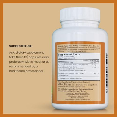 DOCTOR RECOMMENDED SUPPLEMENTS - Suplemento de Cúrcuma Curcumina – 2250mg/d – Cápsulas Vegetais – 95%% Curcuminoides com Extrato de Pimenta Preta (Bioperina) – Cápsulas de 750mg – 100%% Orgânico – Cúrcuma Mais Poderosa (Pacote com 3)