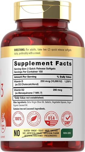 Vitamina K2 e D3 | 300 Softgels | 200mcg K2 MK7 | Suplemento de Alta Qualidade - Carlyle