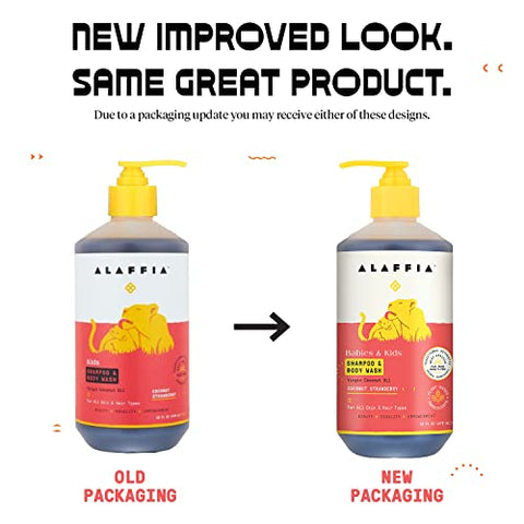 Shampoo e Sabonete Líquido para Bebês e Crianças, Suave e Calmante para Cabelos e Pele Macios com Manteiga de Karité, Neem e Óleo de Coco, Comércio Justo, Coco Morango, 2 Unidades - Alaffia