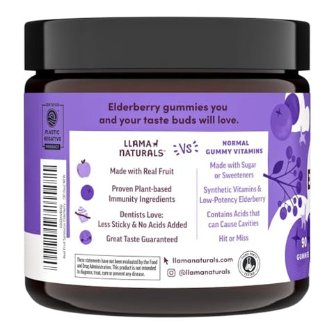 Gomas de Sabugueiro Sambucus de Frutas Reais para Adultos | Sem Açúcar Adicionado, Vegano, Orgânico | Suporte Imunológico com Zinco - Llama Naturals
