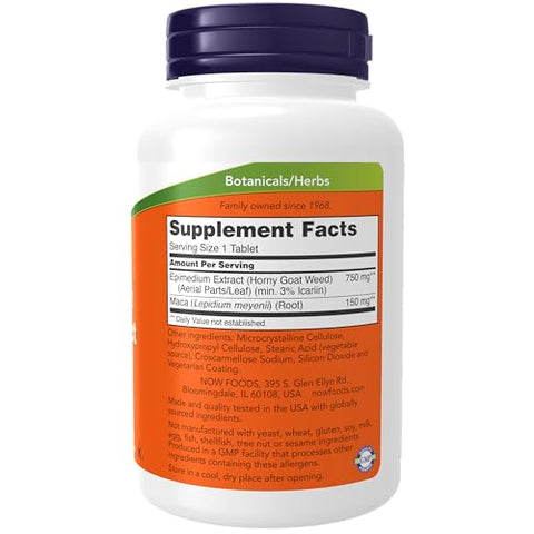 Suplementos, Extrato de Horny Goat Weed 750 mg + 150 mg de Maca Root, Erva Tonificante*, 90 Comprimidos, para Saúde Sexual - NOW Foods