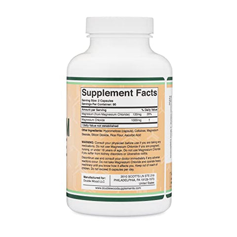 Double Wood Supplements - Cloruro De Magnesio – 180 Cápsulas, 1.000mg Por Porção, Suporte à Saúde Digestiva e Óssea – Livre de Transgênicos e Glúten por