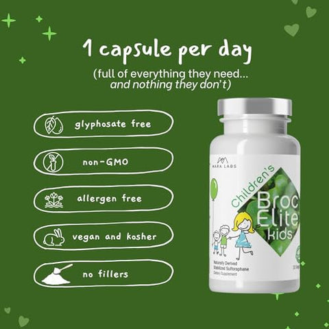 BrocElite - Mara Labs Broc Elite Kids | Suplemento de Brócolis com Extrato de Sulforafano Naturalmente Estabilizado para Crianças | Sem Resíduos de Glifosato | 60 Unidades