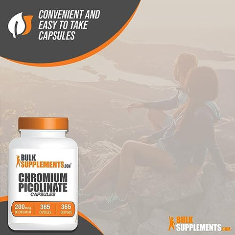 com – Picolinato de Cromo 200mcg – Cápsulas de Picolinato de Cromo, Suplemento de Cromo, Cápsulas de Cromo – Livre de Levedura, Livre de Glúten, 1 Cápsula por Porção, 365 Cápsulas - BulkSupplements
