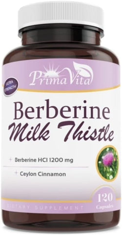 PrimaVita - Berberine HCL 1200mg com Cardo Mariano e Canela do Ceilão, Ativador Metabólico Ampk, Sistema Imunológico Saudável e Bem-Estar Gastrointestinal, 40 Porções, 120 Cápsulas Vegetais