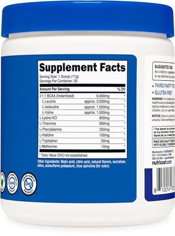 EAA Powder 30 Porções (Blue Raspberry) – Aminoácidos Essenciais – Livre de Transgênicos, Sem Glúten, Amigável para Vegetarianos - Nutricost