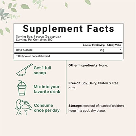 Micro Ingredients - Beta Alanine em Pó, Suplemento Puro de Beta Alanine, 2.2 Libras (500 Dias de Fornecimento), Livre de Preenchedores, Energia Amino Pré-Treino, Sem Sabor, Amigável ao Veganismo e Não-OGM