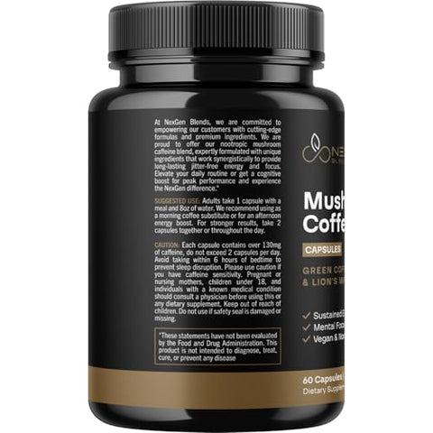 NEXGEN BLENDS - Café Alternativo 100% Orgânico de Cogumelo – Suplemento de Cogumelo do Leão Orgânico com Guayusa Patenteada