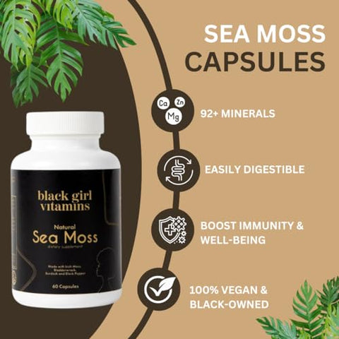 Black Girl Vitamins - Vitaminas Black Girl – Cápsulas de Sea Moss Irlandês (500 mg) para Suporte Imunológico – Sea Moss Orgânico