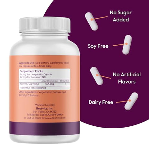 Acetyl L-Carnitine 500mg (240 Cápsulas Vegetarianas) – Sem Estearatos – Vegano – Não Transgênico – Livre de Glúten - BESTVITE