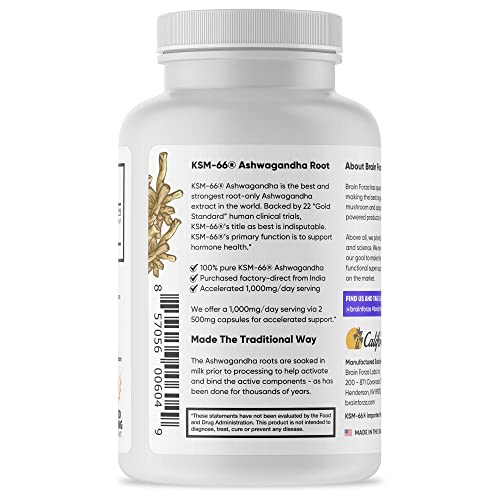 KSM-66 Ashwagandha: Extrato Puro de Raiz Orgânica, Potência de 1.000mg, 5%% Withanolides, Saúde Hormonal, Suporte Cognitivo, 90 Cápsulas - Brain Forza