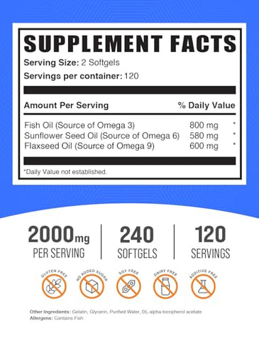 com Ômega 3-6-9 Softgels – Suplemento Triplo Ômega, com Ômega 6 – 60 cápsulas de 1000 mg - BulkSupplements