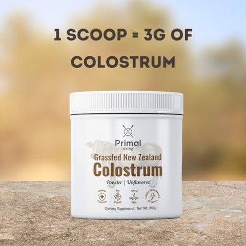 Colostro de Carne Bovina Alimentada com Capim – Suporte à Função Imunológica, Saúde Intestinal, Cabelo, Anti-Envelhecimento, Desempenho Atlético, Recuperação – 90g Pó sem Sabor, 3000mg por Porção - Primal Being